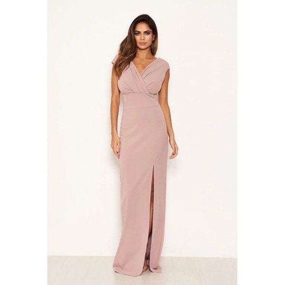 AX PARIS Women's Wrap V-Neck Slit Maxi Dress Mushroom Size 6 - Picture 1 of 3